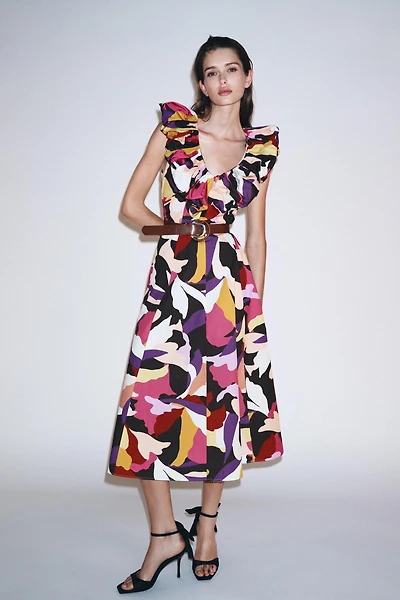 PRINTED POPLIN MIDI DRESS