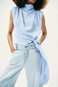 SATIN EFFECT SHOULDER PAD TIE TOP