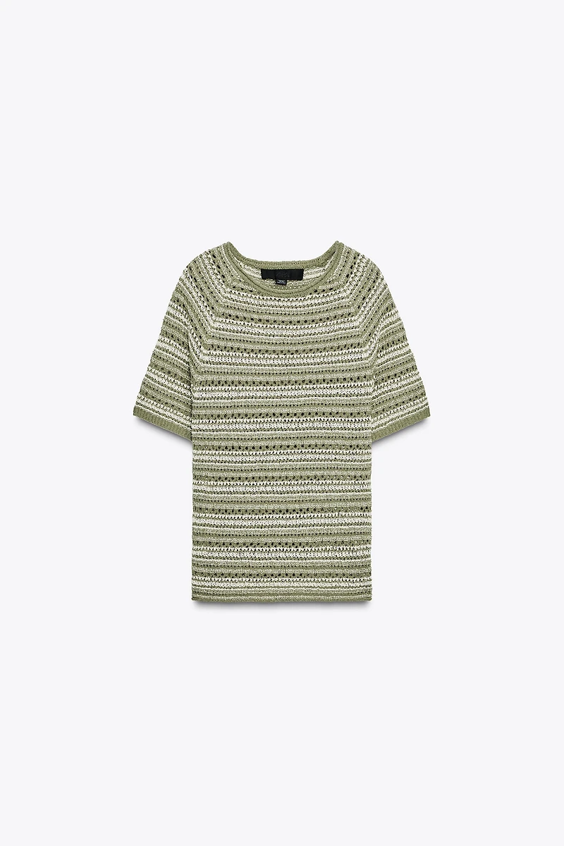 STRIPED TEXTURED KNIT SHORT SLEEVE TOP