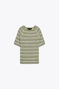 STRIPED TEXTURED KNIT SHORT SLEEVE TOP
