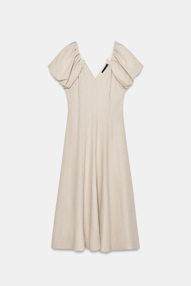 LINEN BLEND PUFF SLEEVE MIDI DRESS