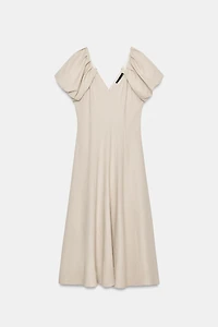 LINEN BLEND PUFF SLEEVE MIDI DRESS