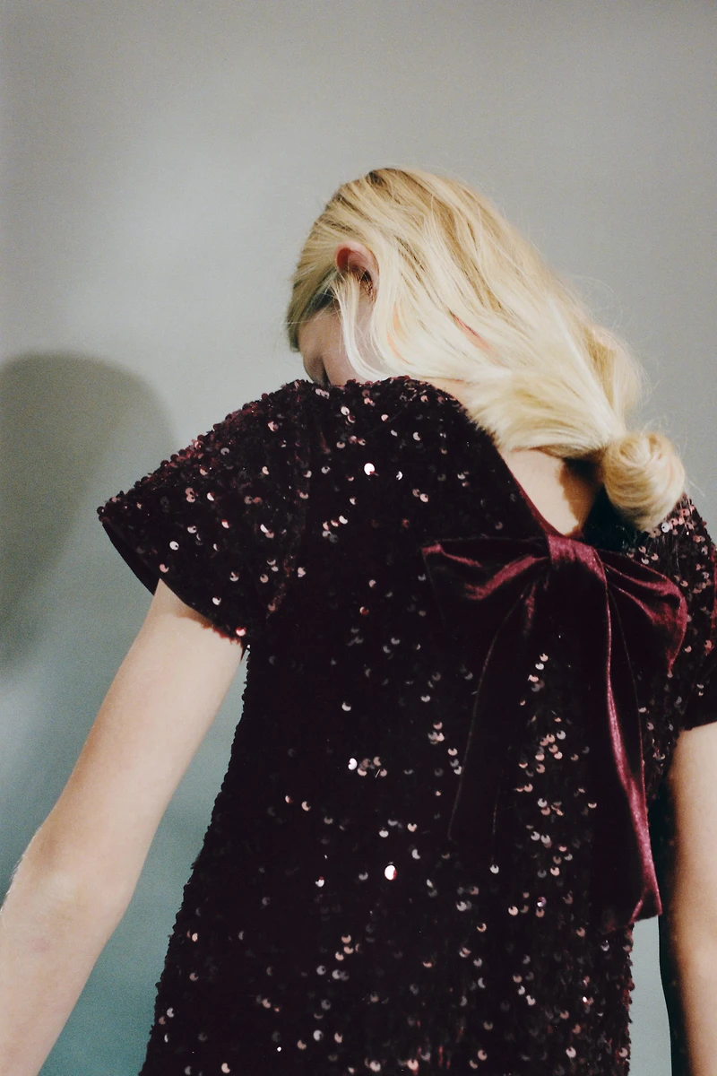 SEQUIN VELVET BOW DRESS