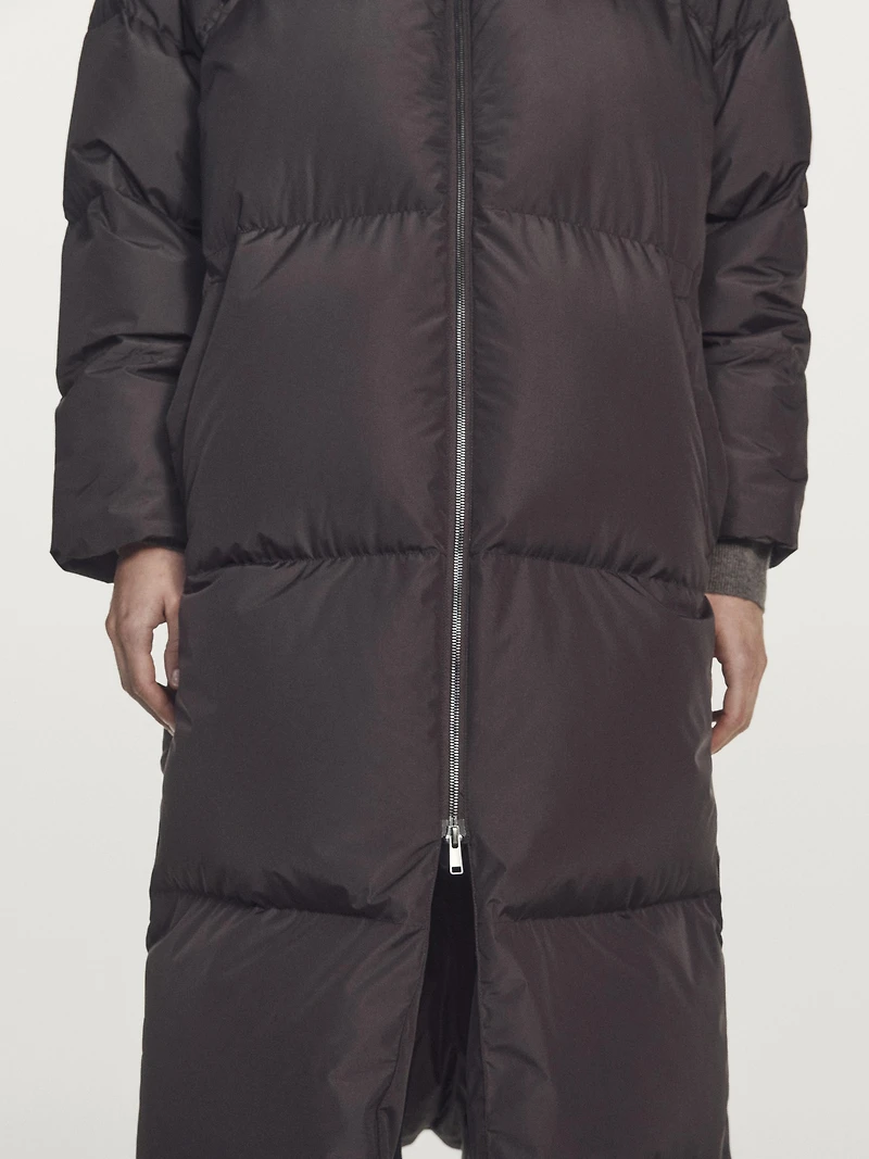 Long water-repellent hooded puffer jacket