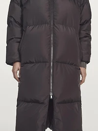 Long water-repellent hooded puffer jacket