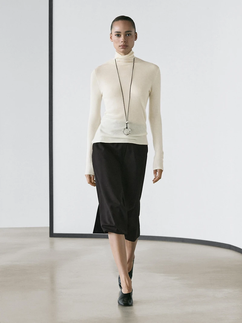 Jupe midi droite fendue laine