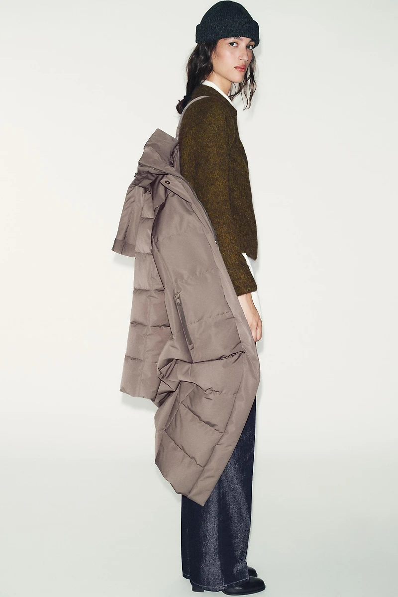 LONG WATER REPELLENT WINDPROOF HOODED PUFFER JACKET