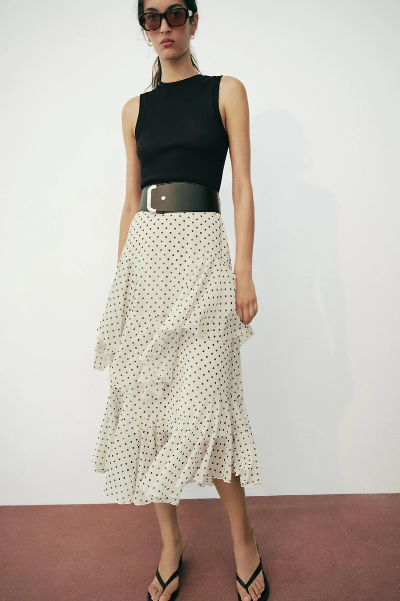 ROBE BIMATIÈRE À POIS AVEC VOLANTS ET CEINTURE
