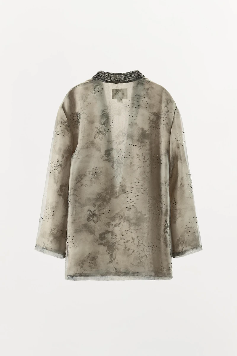 BEADED PRINT ORGANZA KIMONO