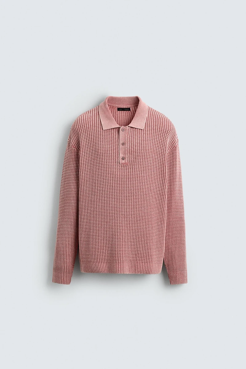 WASHED WAFFLE TEXTURE KNIT POLO SHIRT