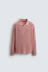 WASHED WAFFLE TEXTURE KNIT POLO SHIRT