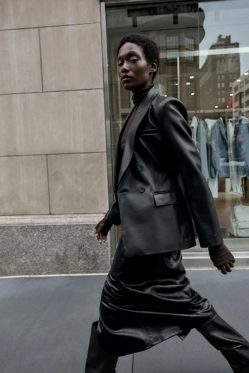 FAUX LEATHER DOUBLE BREASTED BLAZER