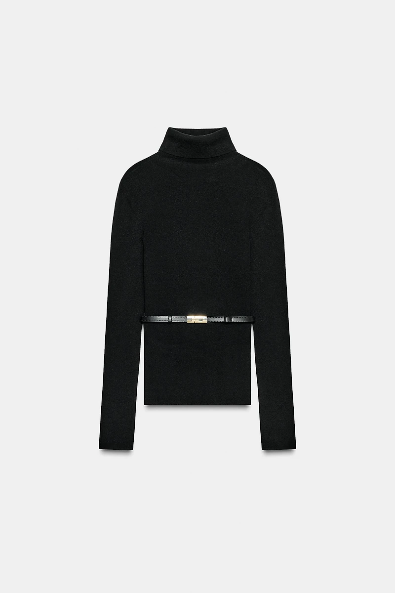 100% WOOL HIGH COLLAR BELTED JUMPER