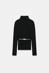 100% WOOL HIGH COLLAR BELTED JUMPER