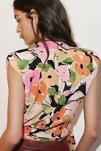 FLORAL PRINT SHOULDER PAD TOP WITH BELT
