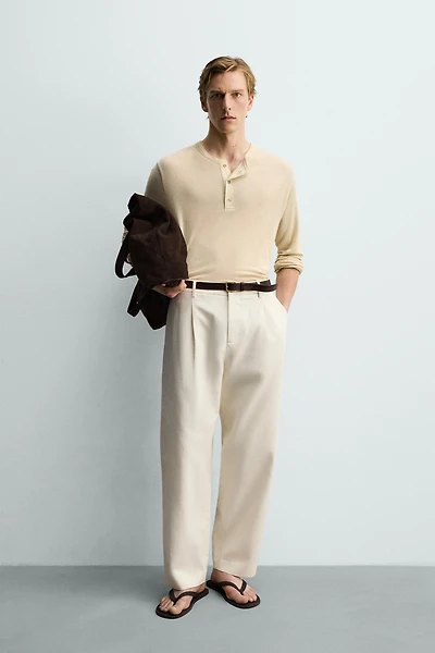 VISCOSE LINEN BLEND HENLEY T-SHIRT