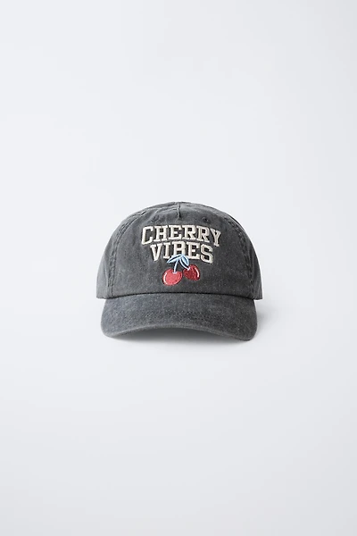 WASHED EFFECT CAP WITH CHERRY EMBROIDERY