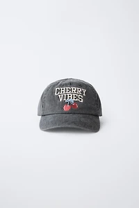 WASHED EFFECT CAP WITH CHERRY EMBROIDERY