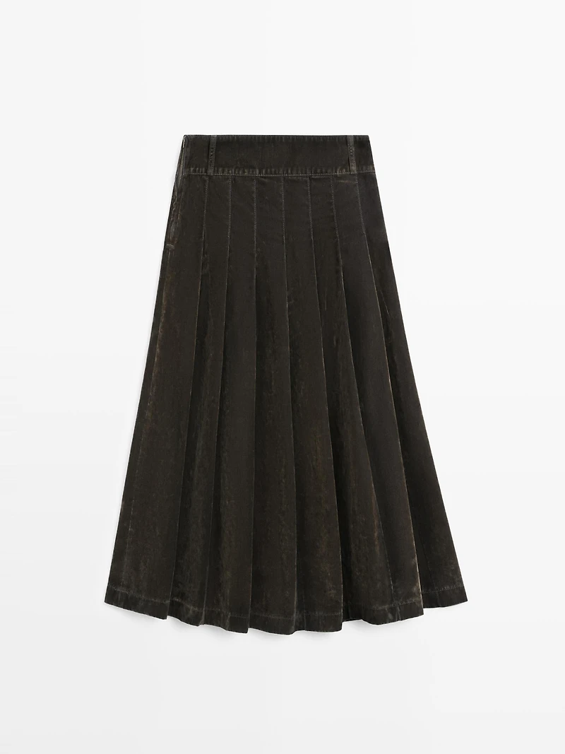 Flocked denim midi skirt with box pleats