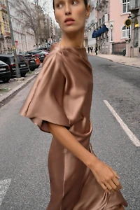 ASYMMETRIC SLEEVE SATIN EFFECT MIDI DRESS