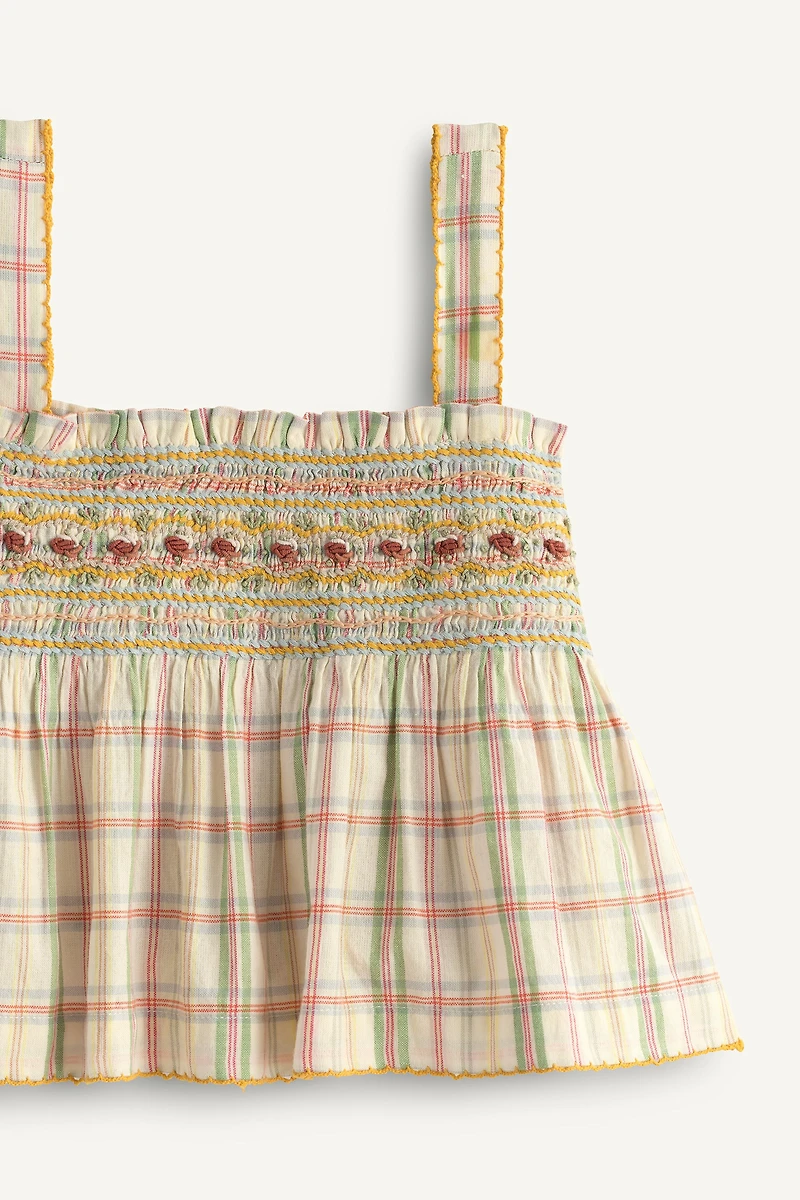 LIMITED EDITION PLAID EMBROIDERED FLORAL TOP