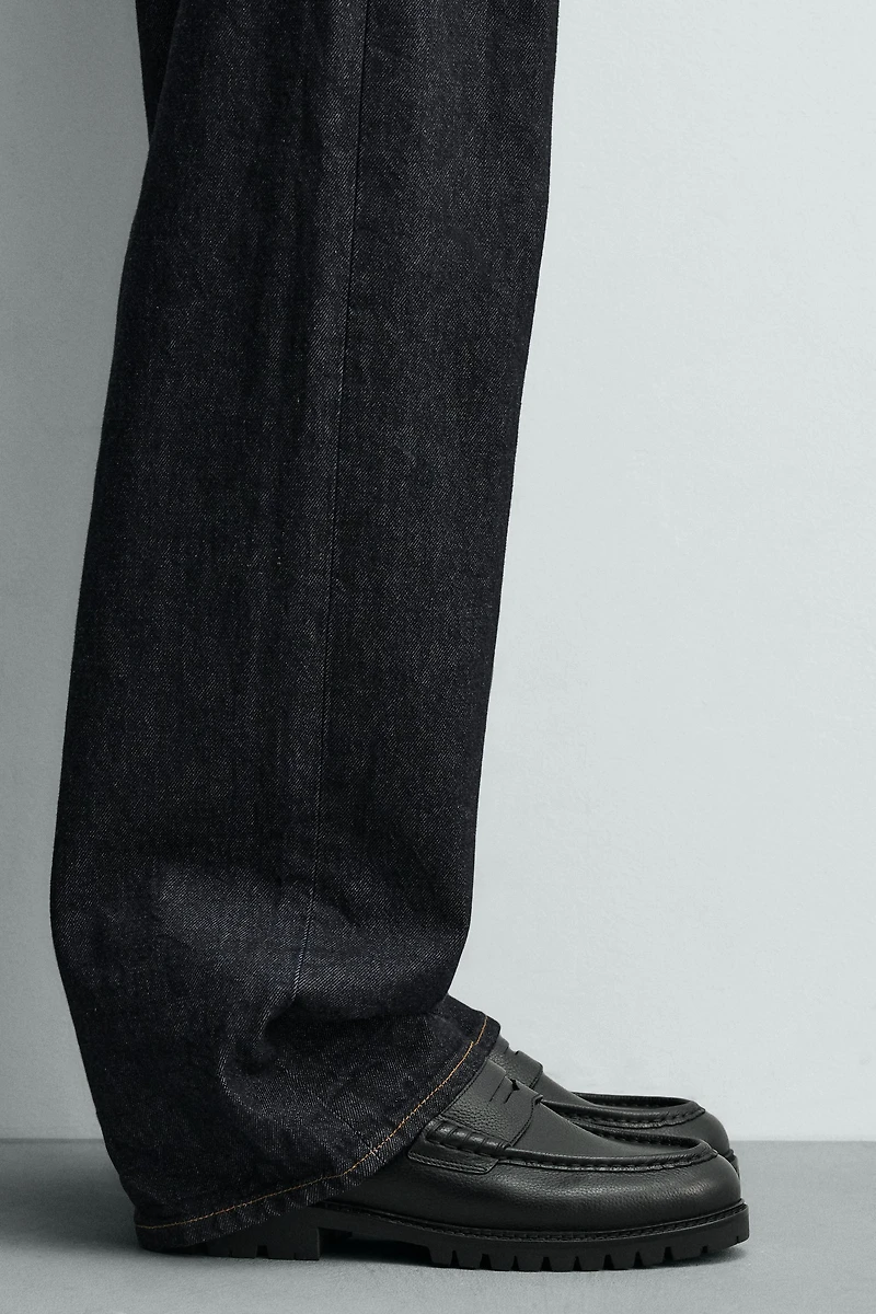 LEATHER TRACK SOLE PENNY LOAFERS