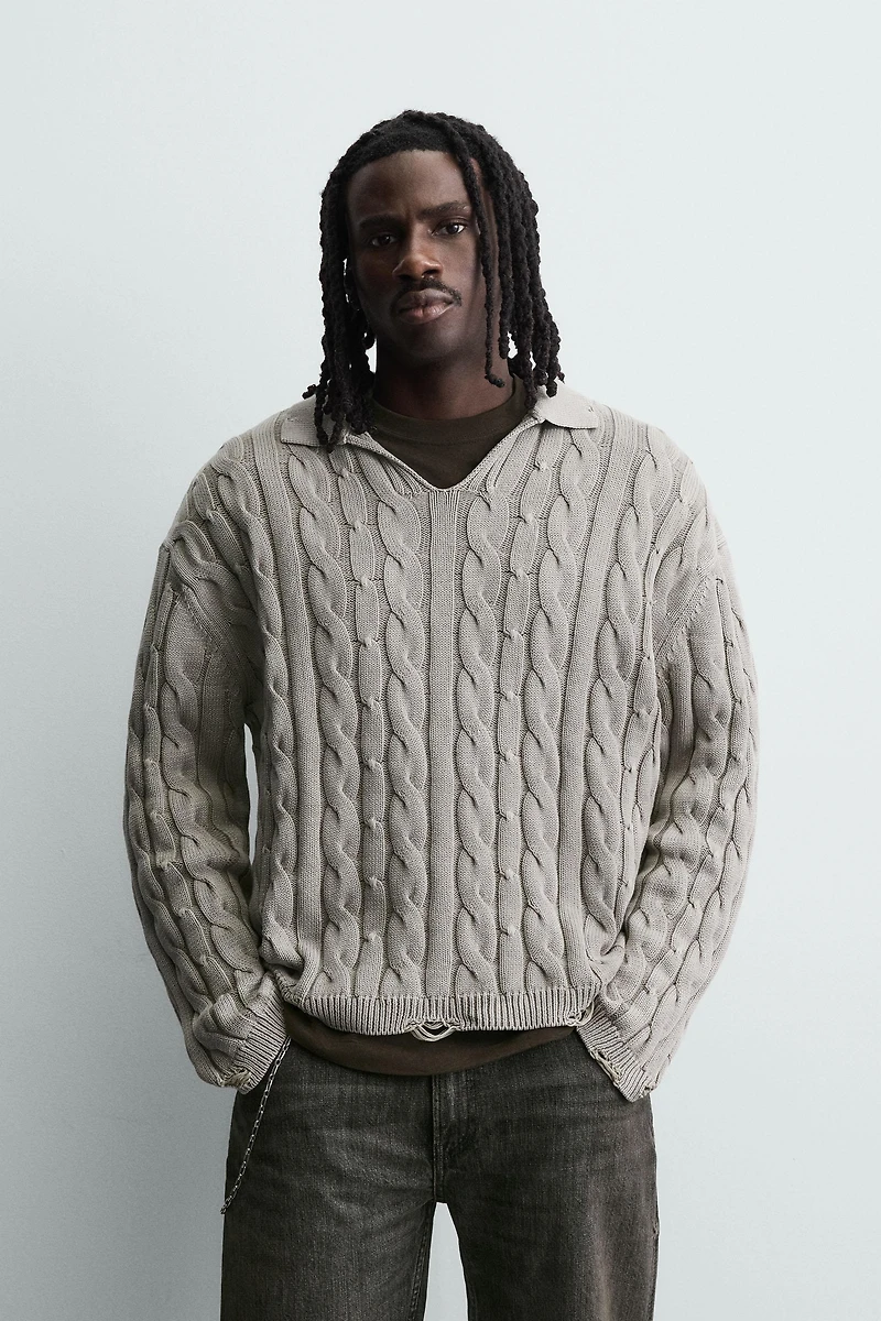 DISTRESSED BRAIDED TEXTURED POLO SHIRT