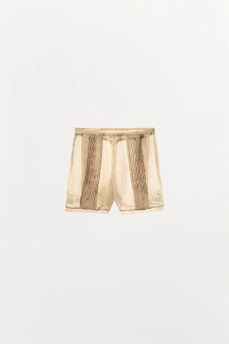 EMBROIDERED PRINT ORGANZA SHORTS