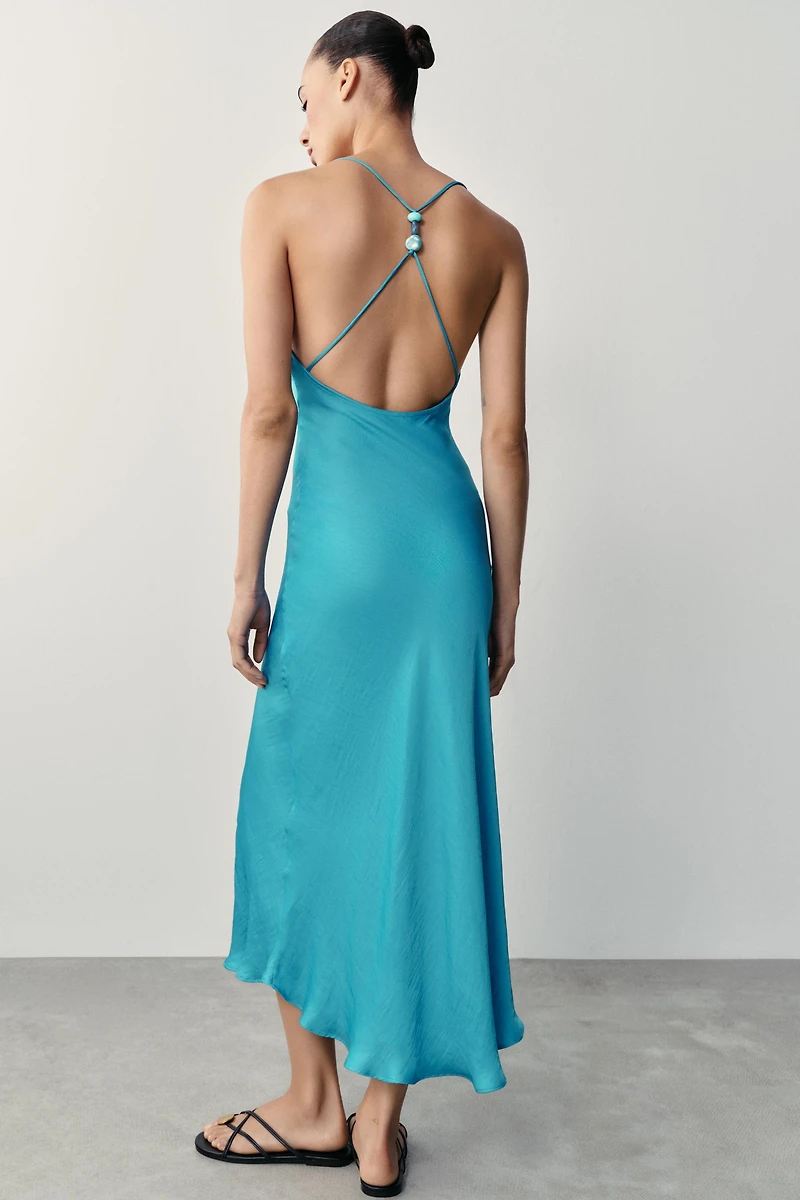 BEADED BACK SATIN EFFECT DRESS