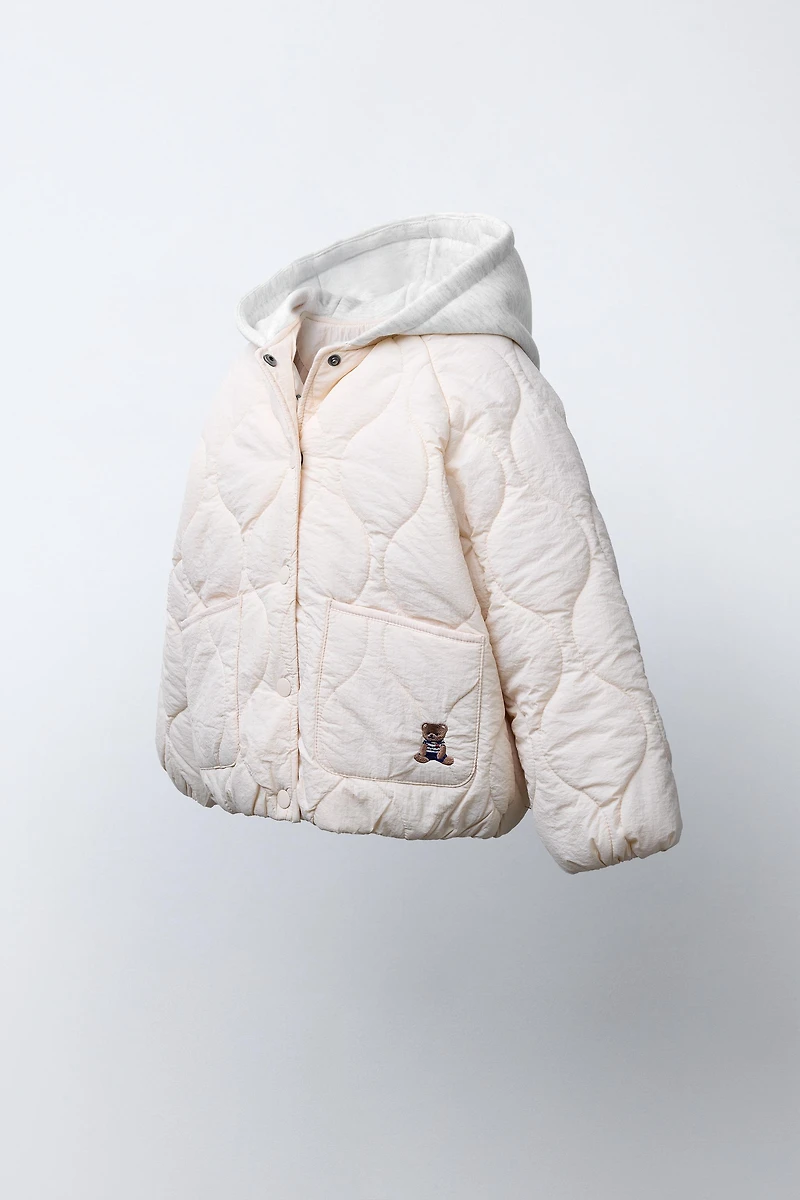 EMBROIDERED BEAR HOODED PUFFER JACKET