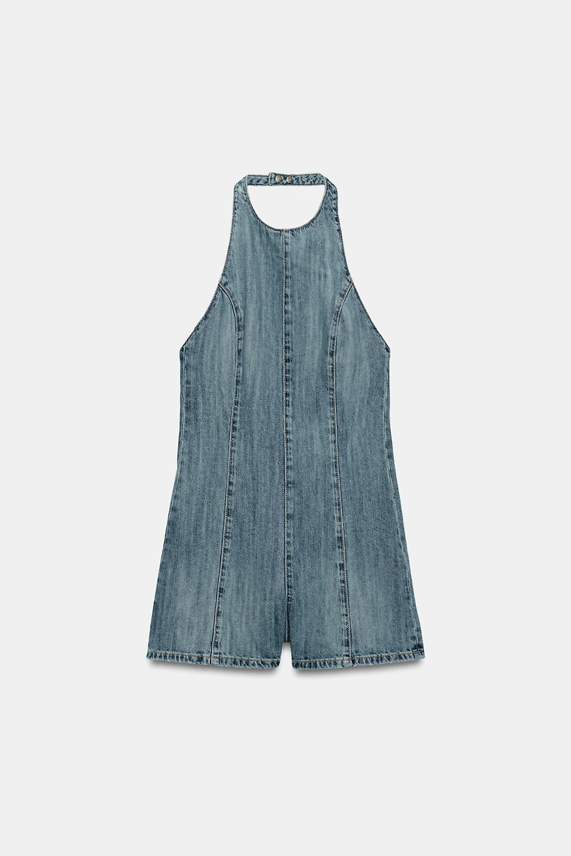 TRF HALTER DENIM SHORT JUMPSUIT