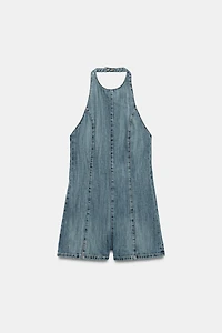 TRF HALTER DENIM SHORT JUMPSUIT