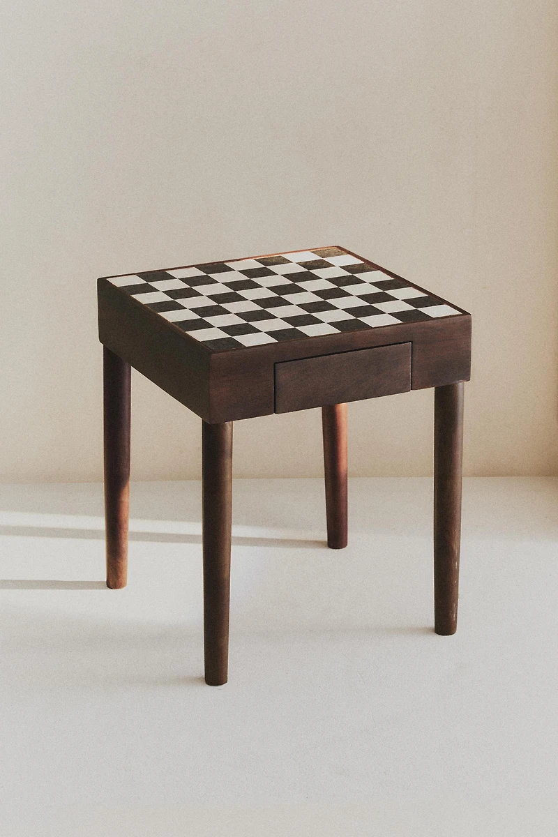 TABLE D’APPOINT TECK ÉCHIQUIER MARBRE