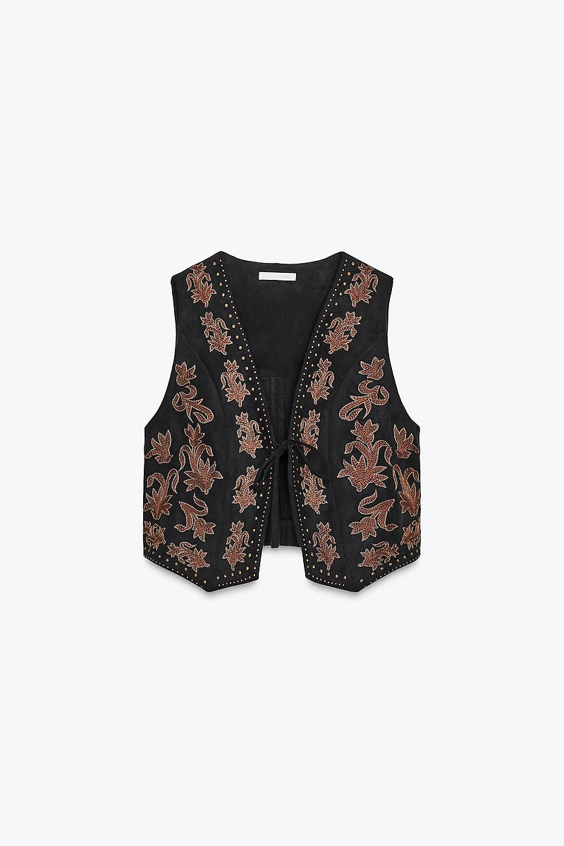 EMBROIDERED BEADED FAUX SUEDE VEST