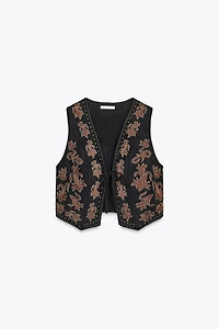 EMBROIDERED BEADED FAUX SUEDE VEST