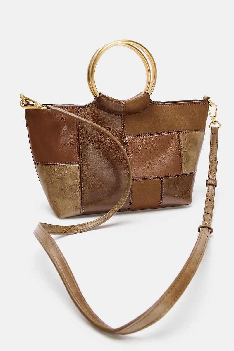 PATCHWORK RIGID HANDLE MINI BUCKET BAG