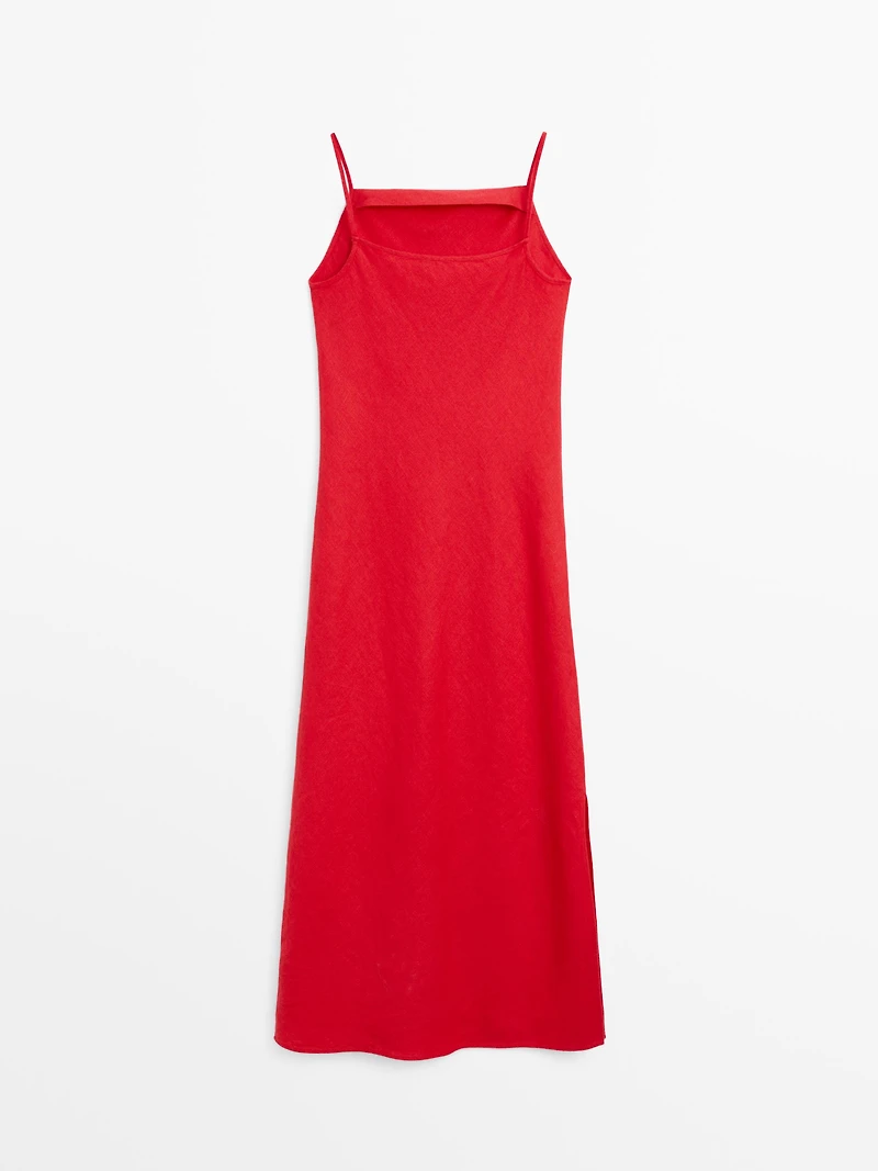 Linen midi dress with straight neckline
