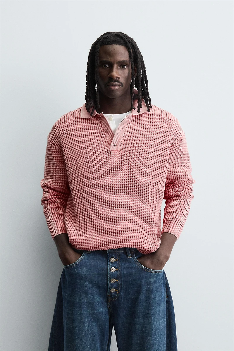 WASHED WAFFLE TEXTURE KNIT POLO SHIRT