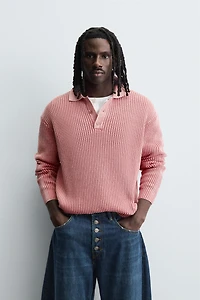 WASHED WAFFLE TEXTURE KNIT POLO SHIRT