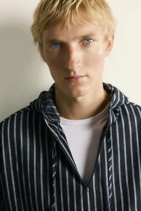 STRIPED COTTON-LINEN HOODIE OVERSHIRT