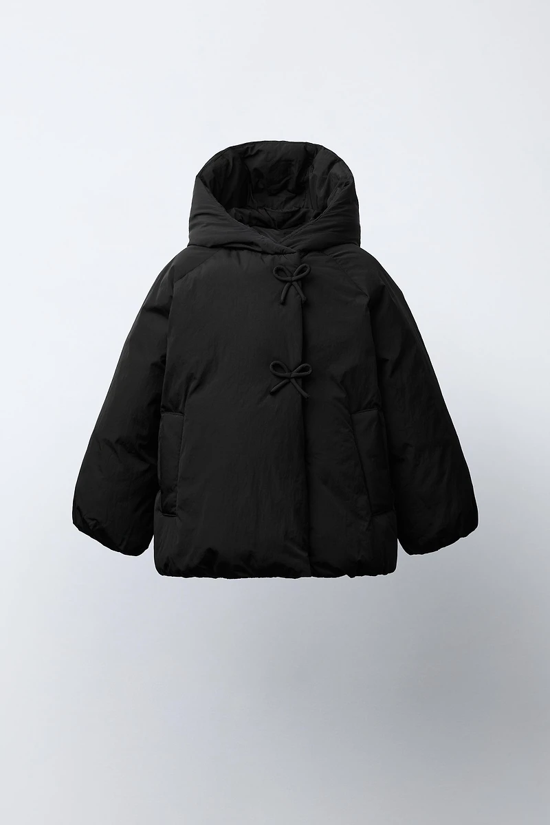 DOUBLE-BREASTED HOODED COAT WITH BOWS