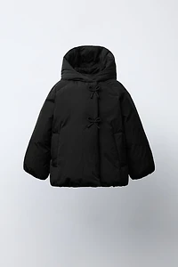 DOUBLE-BREASTED HOODED COAT WITH BOWS