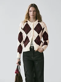 Cotton argyle knit cardigan