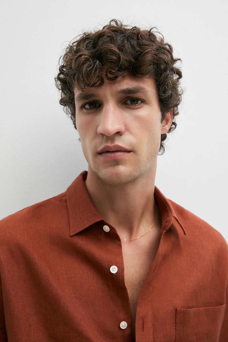 Regular fit 100% linen shirt with pocket detail
