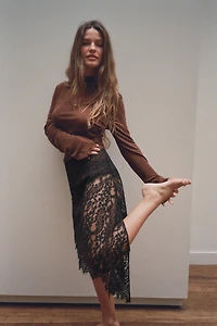 ASYMMETRICAL LACE MIDI SKIRT