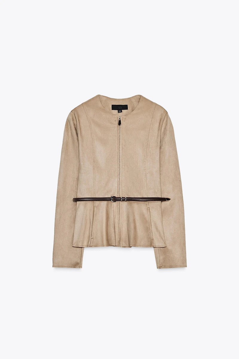 FAUX SUEDE BELTED PEPLUM JACKET
