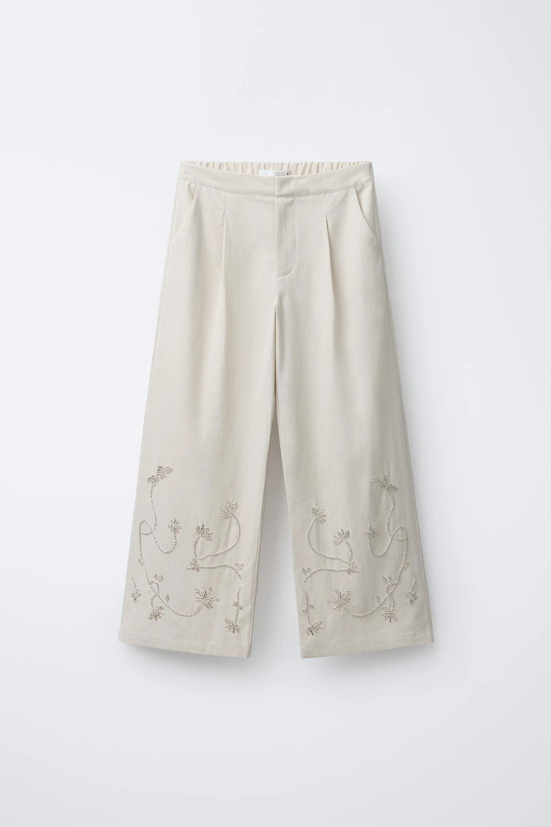 WIDE LEG BEADED PANTS WITH LINEN AND COTTON