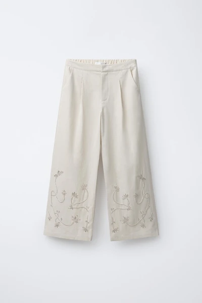 WIDE LEG BEADED PANTS WITH LINEN AND COTTON