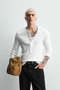 RIBBED SHIRT WITH BUTTON NECK
