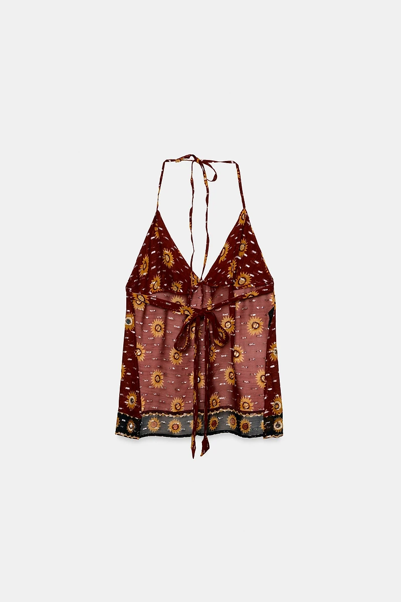 BEADED PRINT GEORGETTE HALTER TOP